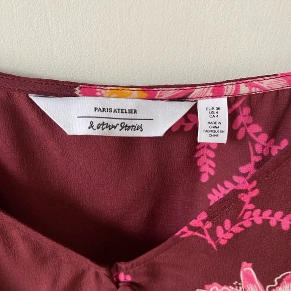 & Other Stories 100% silk tank, burgundy with flowers, size 4 - Picture 4 of 4